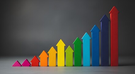 A colorful arrow graph showing upward trend against a gray background in a studio setting