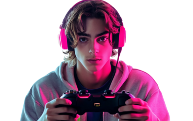Focused young player demonstrating skill and determination while playing video games isolated on transparent background PNG