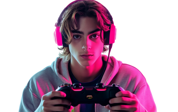 Focused young player demonstrating skill and determination while playing video games isolated on transparent background PNG