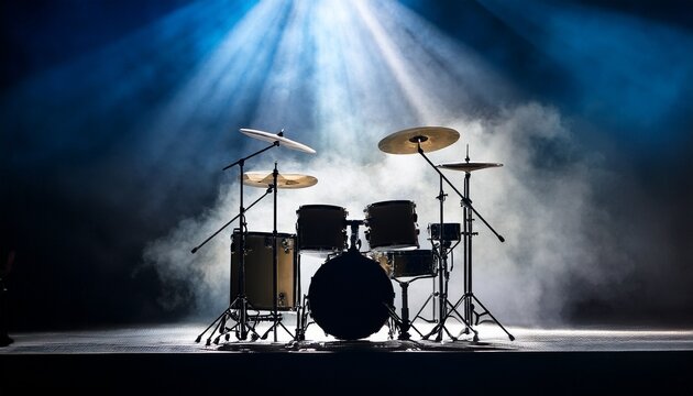 live drum on stage with spotlights illuminating smoke music and concert background silhouette concept
