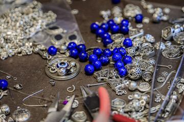 Jeweler workspace, lapis lazuli bracelet made at Grand Bazaar, Istanbul, Turkey