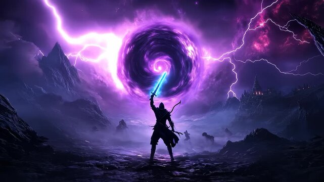 Mysterious Warrior Holding Sword Under Cosmic Portal with Purple