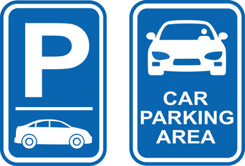 Set of two blue and white parking signs, with a large 'P' and the silhouette of a car, and the other specifies 'Car Parking Area', for traffic regulation and guidance