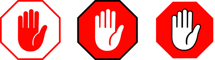 Obraz premium Stop sign icons in octagonal shapes, open hand symbol conveying a message of prohibition, caution, or immediate stop, safety and interface design
