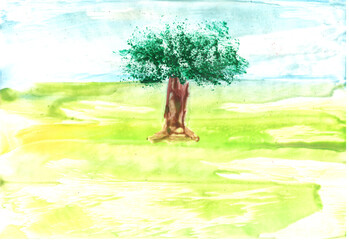 Tree in a meadow, nature. Art, painting. Encaustic, art decoration, sketch. Illustration hand drawn modern, hot wax new
