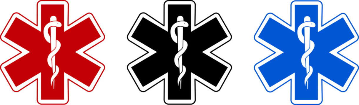 Star of Life medical emblems, red, black, and blue variations with the Rod of Asclepius and the Serpent, concept for emergency medical services, healthcare, and first aid