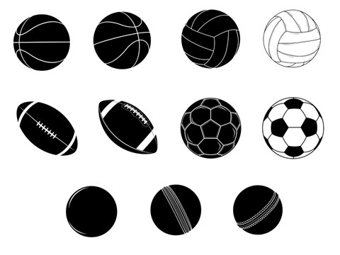 Set of black sport ball icons in flat monochrome style for apps
