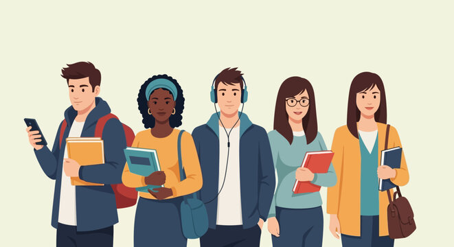 Diverse group of young students holding books and phones.