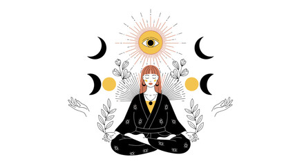 Meditating Woman with Celestial Elements - A Spiritual Journey.