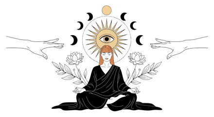Mystical Woman Meditating with Celestial and Floral Elements.