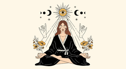 Meditating Woman with Celestial Symbols and Floral Accents.