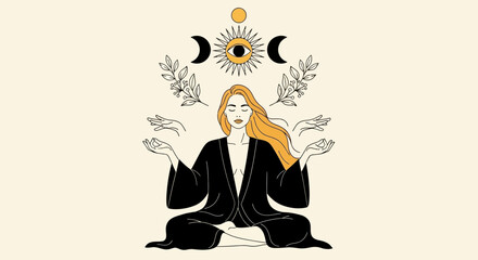 Mystical woman meditating under celestial sun and moon symbols.