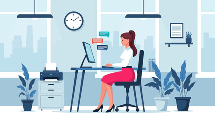 Woman working at desk in office with computer and printer.