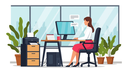 Woman working at desk with computer in office setting.