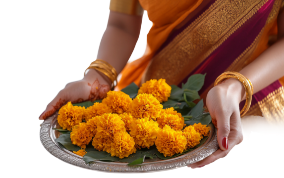 Woman arranging marigold flowers on a puja thali preparing for a traditional Hindu prayer ceremony isolated on transparent background PNG - Powered by Adobe