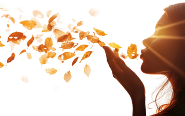 Lifestyle scene featuring woman enjoying fall outdoors with leaves flying around in vibrant setting isolated on transparent background PNG