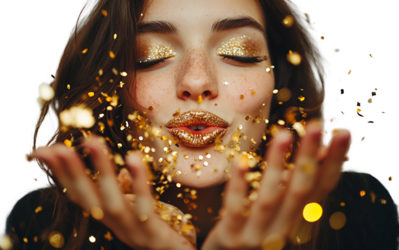 Lifestyle moment with woman tossing shimmering confetti symbolizing fun, joy, and celebration isolated on transparent background PNG