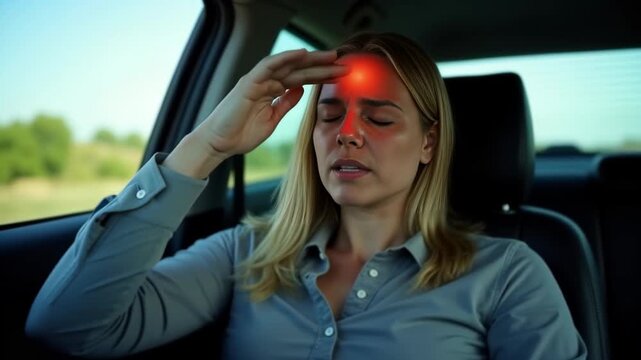 Tension: stress headache, emotional strain, facial expression, pain relief, woman driving, eye discomfort, forehead ache, migraine symptoms, adult female headache, stress management