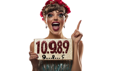 Woman holding a countdown sign reading 10 9 8 symbolizing excitement and anticipation for New Year isolated on transparent background PNG