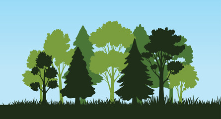 A forest scene on a summer sky backdrop