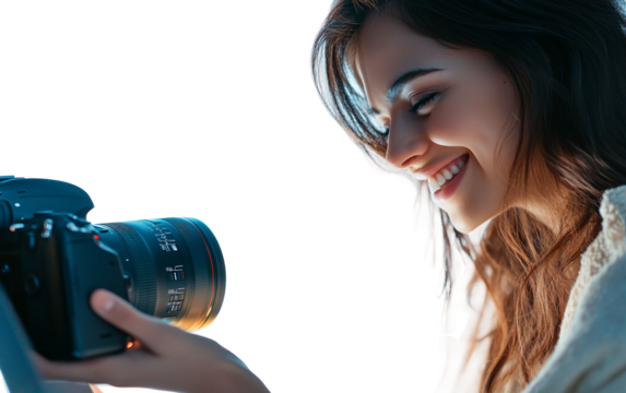 Creative moment with woman smiling while checking photos on DSLR emphasizing passion and enjoyment isolated on transparent background PNG