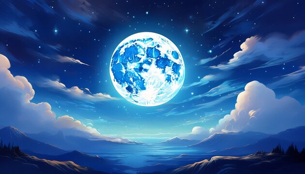 glowing full moon illuminating a night sky with rich blue hues and soft clouds drifting through the atmosphere