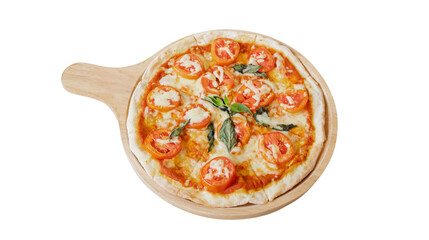 Delicious margherita pizza with fresh tomatoes and basil on a wooden tray