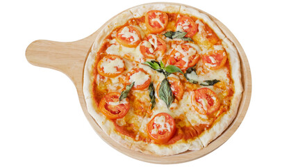 Delicious pizza margherita served on a wooden plate, ready to be enjoyed. The pizza features tomato slices and fresh basil leaves, an appetizing and tempting visual