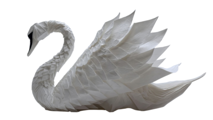 PNG of Elegant white origami swan showcasing intricate paper craftsmanship and a graceful posture.