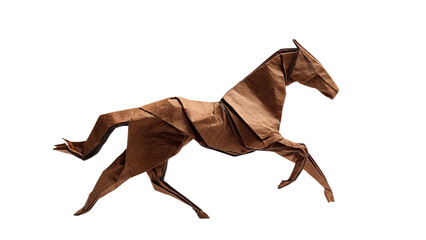 PNG of An elegant brown origami horse depicted in a leaping pose, showcasing intricate folds and craftsmanship.