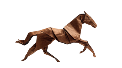 PNG of An elegant brown origami horse depicted in a leaping pose, showcasing intricate folds and craftsmanship.