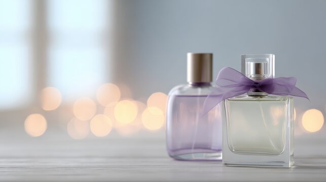 Feminine fragrance and beauty concept featuring cosmetic products in a serene setting with ample copy space. - Powered by Adobe