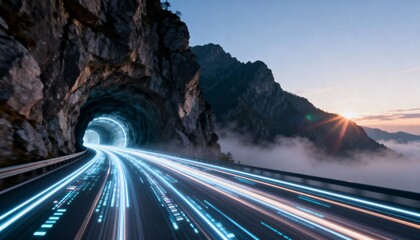 Light trails streak through a tunnel carved into a mountainside, leading to a bright opening with a scenic view.
