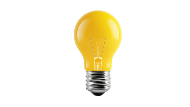 PNG of A vibrant yellow light bulb with a shiny silver base, symbolizing creativity and innovation.