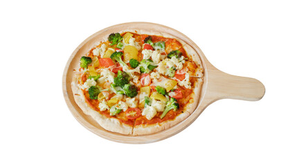 A delicious vegetarian pizza on a wooden serving board