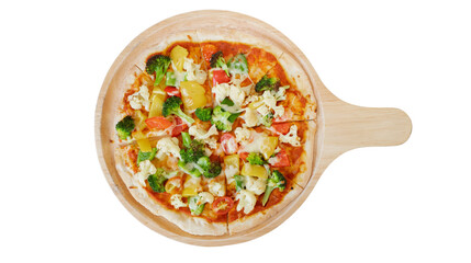 Delicious vegetable pizza on a wooden serving board