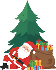 Santa Claus sleeping by a Christmas tree with a sack full of gifts, ready for the holidays