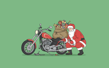 Santa Claus in his red suit works on his custom motorcycle, loaded with a large sack of colorful Christmas gifts, preparing for swift holiday delivery