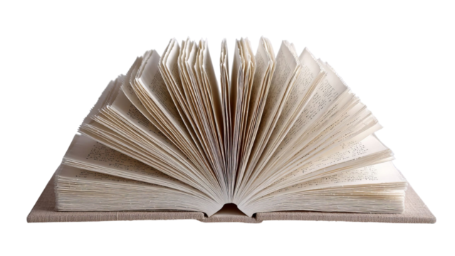PNG of An open book displaying well-worn pages, inviting readers to explore its stories and knowledge.