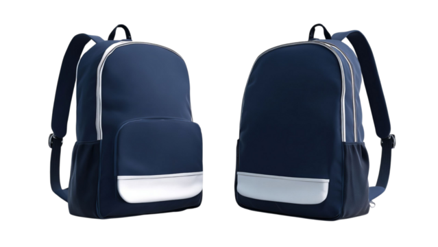 PNG of A stylish navy blue backpack with white accents, perfect for school or travel.
