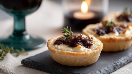 Elegant mini goat cheese tarts topped with caramelized onion and fresh thyme, served on a slate board.