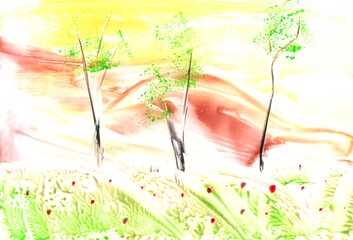 Summer landscape. Trees, grass, and flowers. Art, painting. Encaustic, art decoration, sketch. Illustration hand drawn modern, hot wax new
