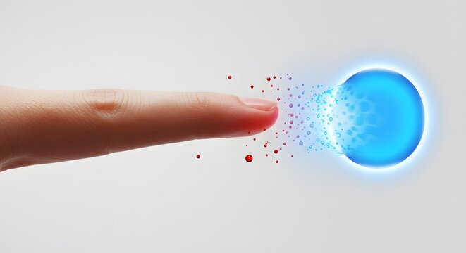 Human Finger Touching a Glowing Blue Sphere Generating Red and Blue Particles