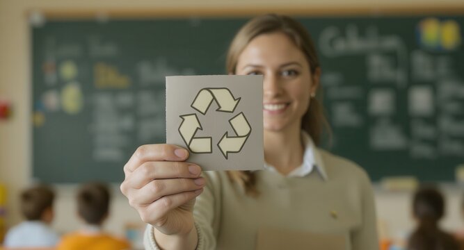 A teacher is teaching children the importance of recycling by holding up a recycle sign. - Powered by Adobe