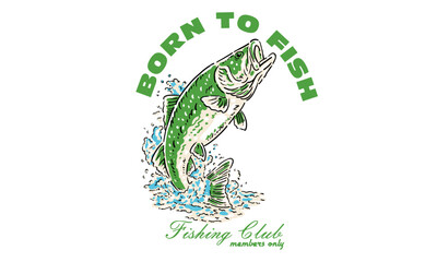 vintage illustration of a jumping fish for a fishing club. Retro artwork with Born to Fish quote for a t shirt print.