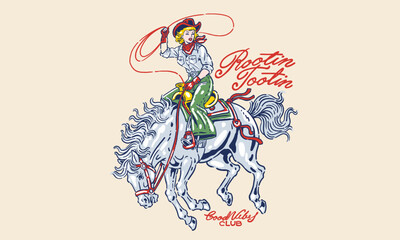 vintage illustration of a cowgirl swinging a lasso on horseback. Retro Rootin Tootin, cowboy and cowgirl bucking bronco rodeo artwork for a t shirt print, poster,sticker