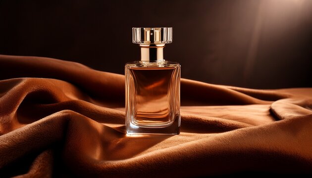 elegant glass perfume bottle on luxurious brown velvet fabric in warm ambient lighting