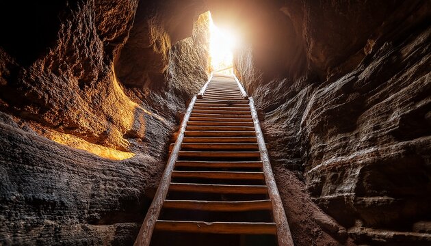 wooden ladder leads upward from dark cave towards bright light represents hope for change new beginnings journey exploration path from darkness to illumination light hope optimism