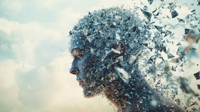 Futuristic photorealistic human figure made of glass shards dissolving into fragments in the air, symbolizing digital transformation, fragility of consciousness, artificial intelligence and evolution