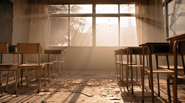 slow pan through an abandoned classroom filled with dust and decay as warm sunlight streams through cracked windows, creating a quiet, nostalgic, post-apocalyptic atmosphere